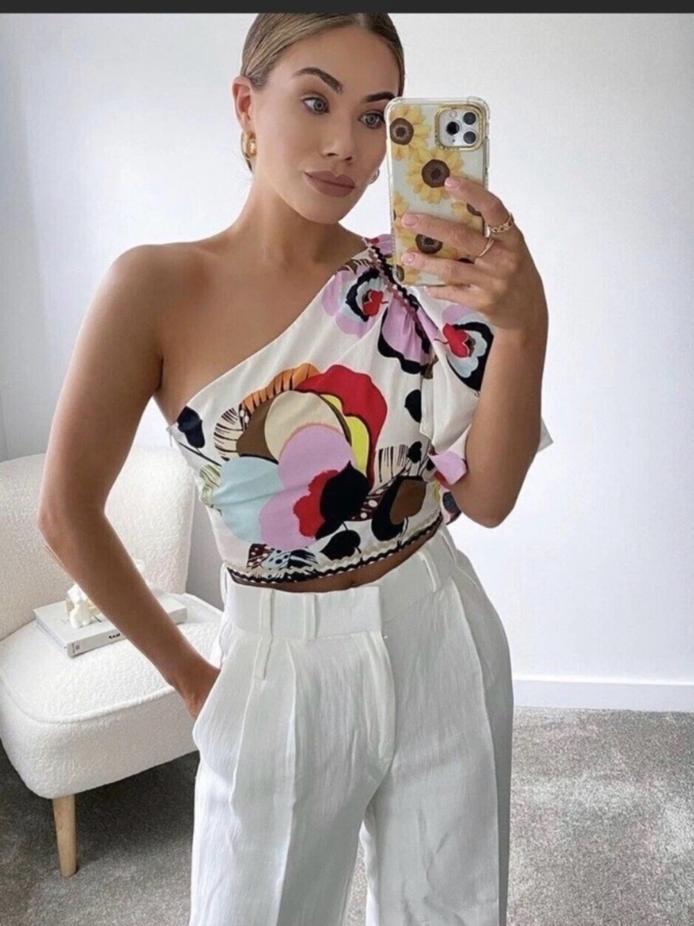 Zara One Shoulder Crop Top Size S Abstract Floral Resort Vacation Summer - Picture 10 of 10